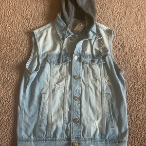 Jean jacket with gray hoodie